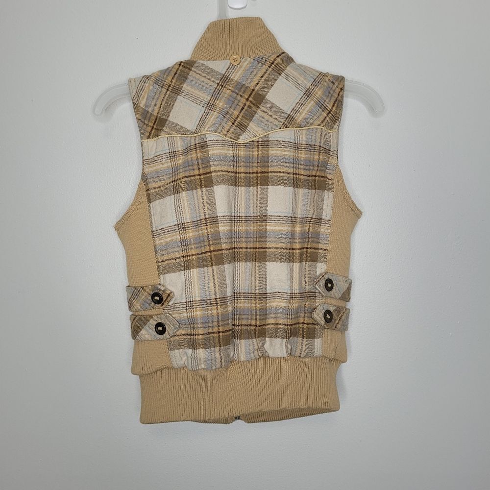 Y2k tan plaid zip front preppy pockets emo form fitting vest size medium - Picture 2 of 8